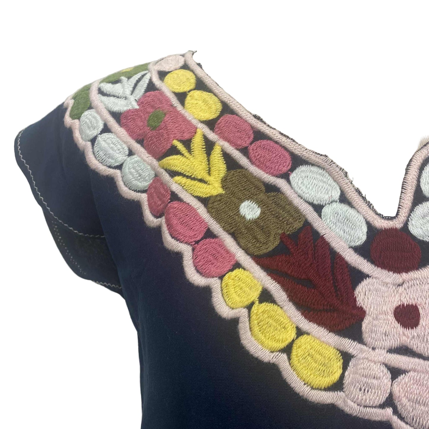 Close-up of a garment with colorful floral embroidery on a plain background