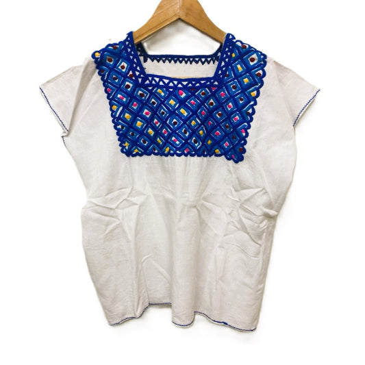 Mexican Embroidered Huipil Maya Top Organic Cotton Manta White & Blue- One Size
