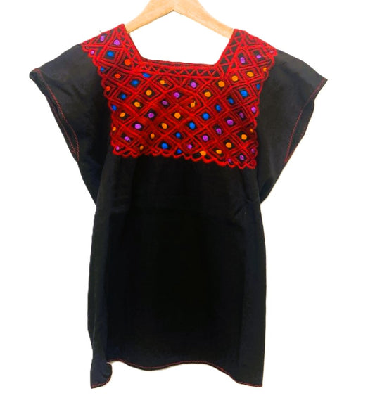Mexican Embroidered Huipil Maya Top Organic Cotton Manta Black & Red - One Size
