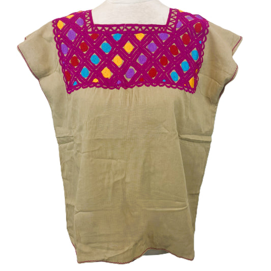 Mexican Embroidered Huipil Maya Top Organic Cotton Manta Beige & Pink- One Size XS to M