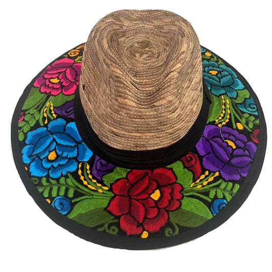 Mexican Artisanal Hat Embroidered Fedora Style - Tehuana on Palm Hat
