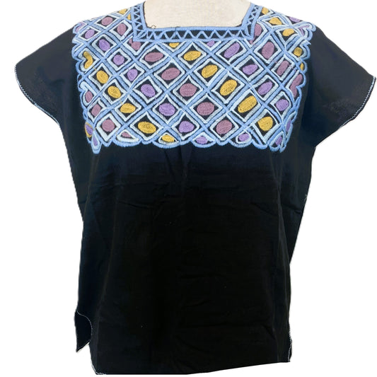Mexican Embroidered Huipil Maya Top Organic Cotton Manta Black Periwinkle - One Size XS to M