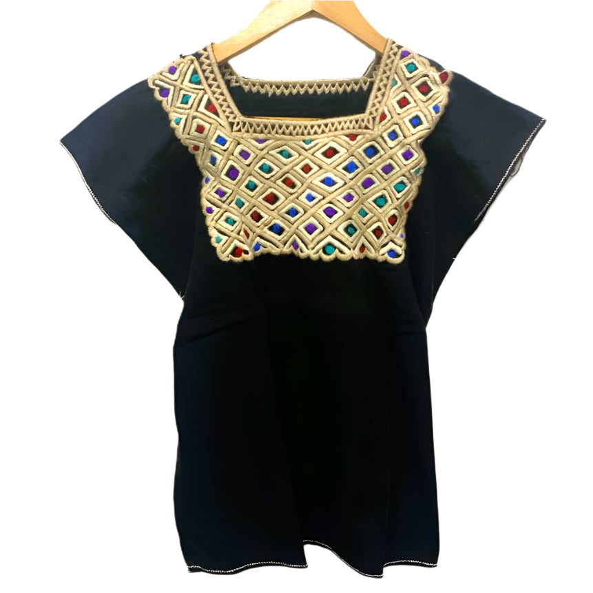 Mexican Embroidered Huipil Maya Top Organic Cotton Manta Black & Brown - One Size XS to M