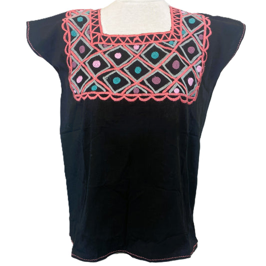 Mexican Embroidered Huipil Maya Top Organic Cotton Manta Black & Coral - One Size XS to M