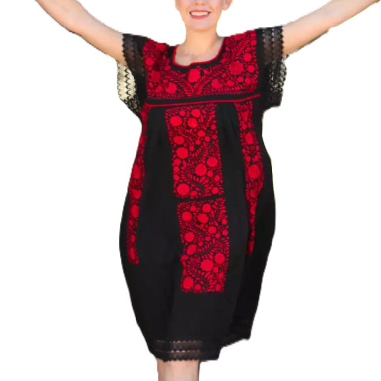 Las Flores Artisanal Adult Hand Embroider Mexican Dress: Organic Cotton Boho Red size L