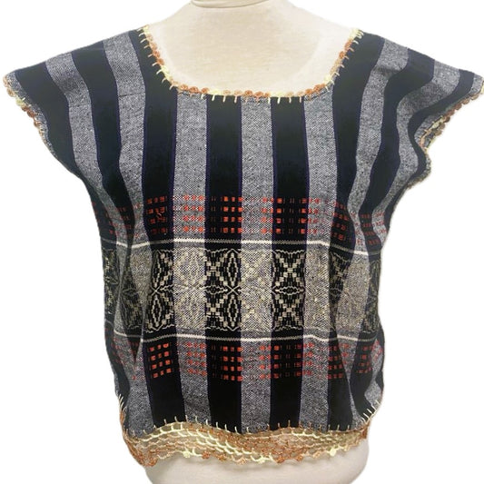 Traditional Treadle Loom Huipil - Made in Oaxaca - Size Small - Black, Grey & Red