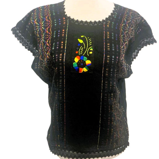 Traditional Treadle Loom Huipil - Made in Oaxaca - One Size XS to M- Black & Rainbow
