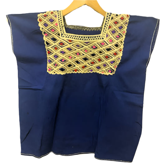 Mexican Embroidered Huipil Maya Top Organic Cotton Manta Blue & Brown- One Size XS to M