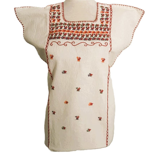 Hand-Embroidered Traditional Huipil Top – Made in Oaxaca - Los Pajaritos - Size Small