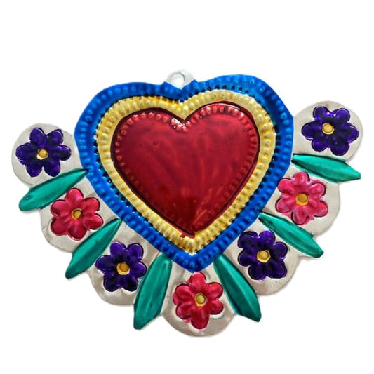 Mexican Tin Hearts - Burst of Flowers