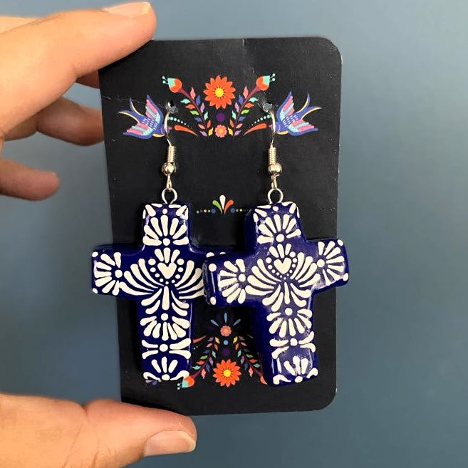 Blue Cross Earrings Talavera Style