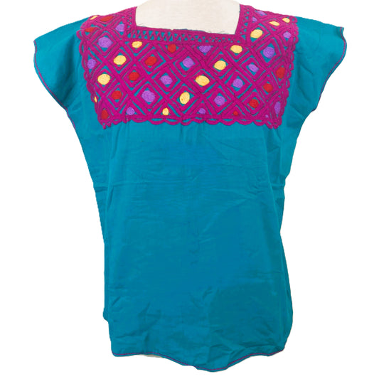 Mexican Embroidered Huipil Maya Top Organic Cotton Manta Cobalt Green & Pink- One Size XS to M