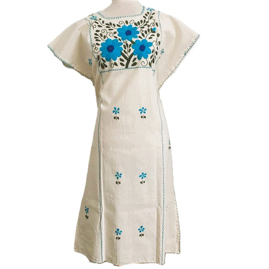 Mexican Manta Dress Oaxaca: Organic Huipil Cotton - Blue Flowers -One Size S to L