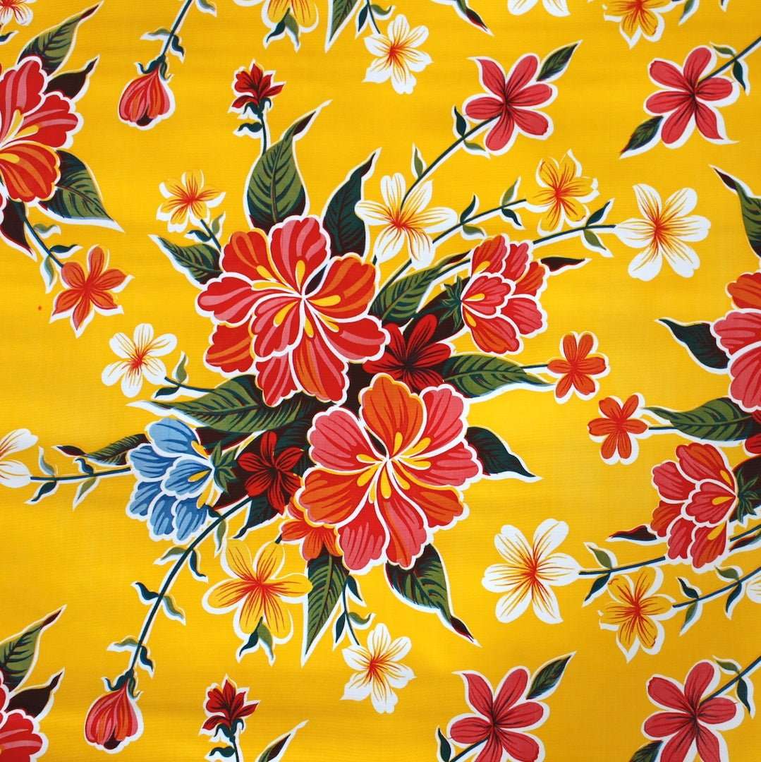 Mexican Oilcloth Fabric Yellow Hibiscus **Off Cuts**
