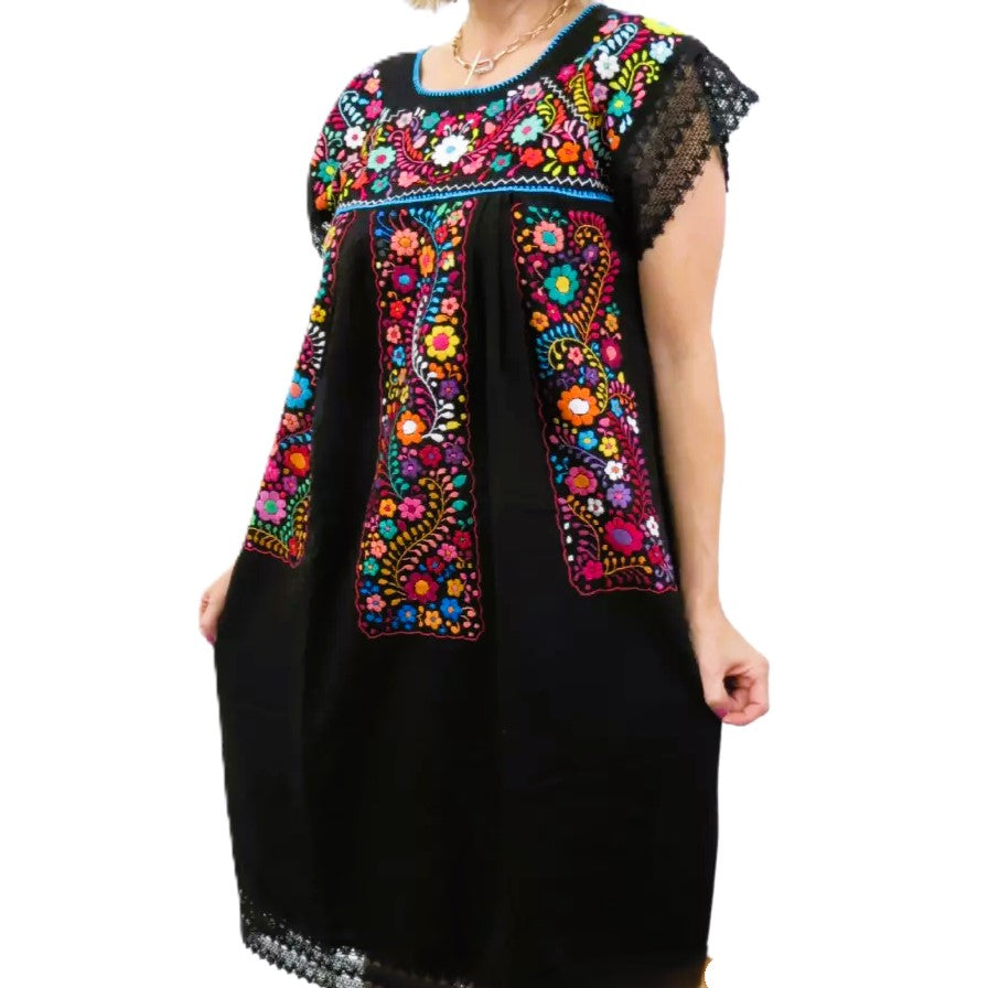 Las Flores Artisanal Adult Hand Embroider Mexican Dress: Organic Cotton Boho Black Multicoloured Size L