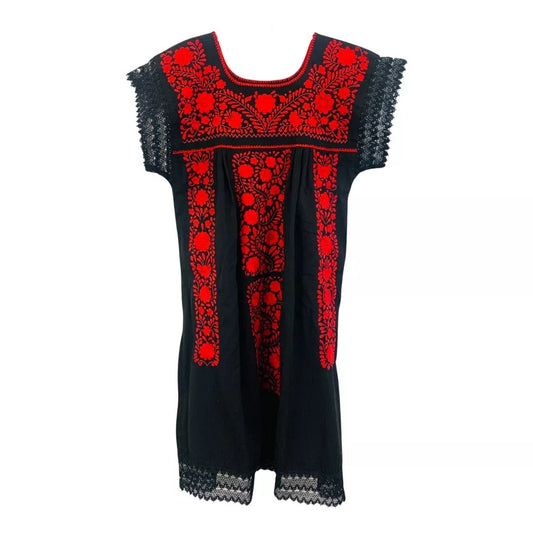 Las Flores Artisanal Adult Hand Embroider Mexican Dress: Organic Cotton Boho Red size L