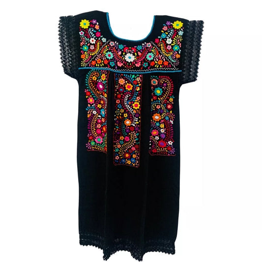 Las Flores Artisanal Adult Hand Embroider Mexican Dress: Organic Cotton Boho Black Multicoloured Size L
