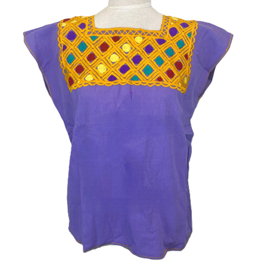 Mexican Embroidered Huipil Maya Top Organic Cotton Manta Lavander & Mustard- One Size XS to M