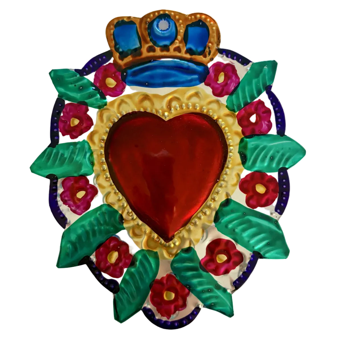 A colorful decorative wall plaque featuring a red heart, gold ornate border, green leaves, pink flowers, and a blue-and-gold crown on a plain white background.