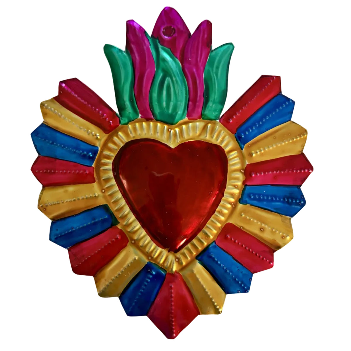 A colorful metallic Sacred Heart wall hanging featuring a red heart in the center, surrounded by gold, blue, and red rays, with green and magenta petals at the top, shown on a plain off-white background.