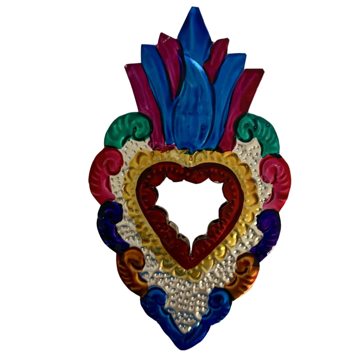 A colorful decorative heart-shaped wall ornament with layered metallic and painted details, photographed against a plain off-white background.