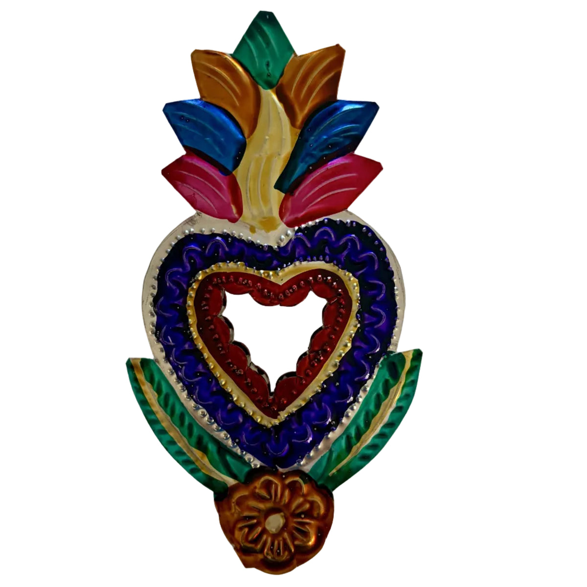 A colorful decorative wall hanging or ornament shaped like a stylized fruit or floral motif with layered heart designs, painted in multiple bright colors including blue, red, purple, green, orange, pink, and yellow on a plain light background.
