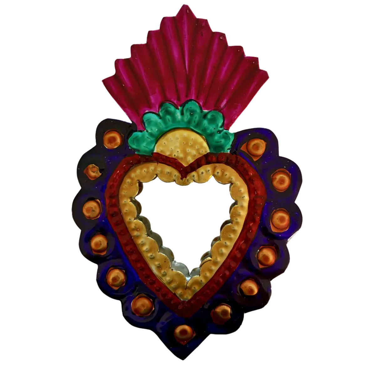 A decorative heart-shaped wall mirror with a vibrant, hand-painted metallic finish. The design features a magenta fan at the top, a green leaf accent, a gold heart center, and a dark blue outer border with small metallic rose-gold studs, all surrounding a reflective mirror surface.