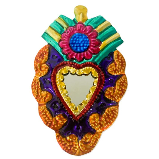 Mexican Tin Hearts - Heart with Mirror Orange Waves