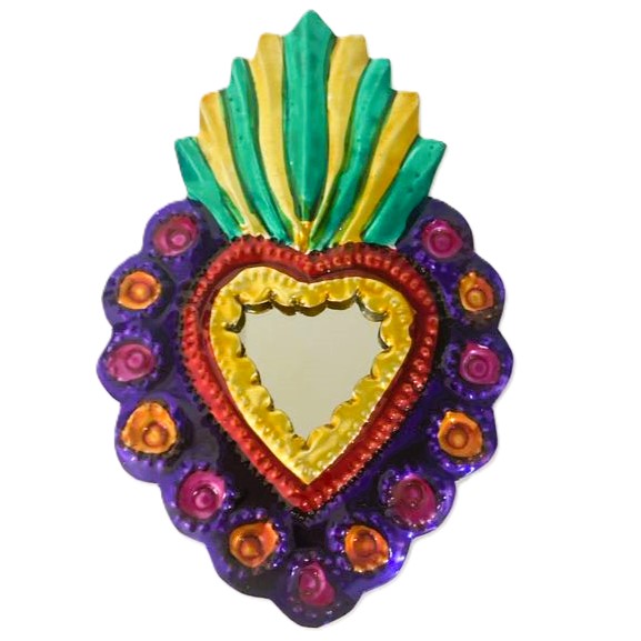 Mexican Tin Hearts - Heart with Mirror Green & Gold Flames