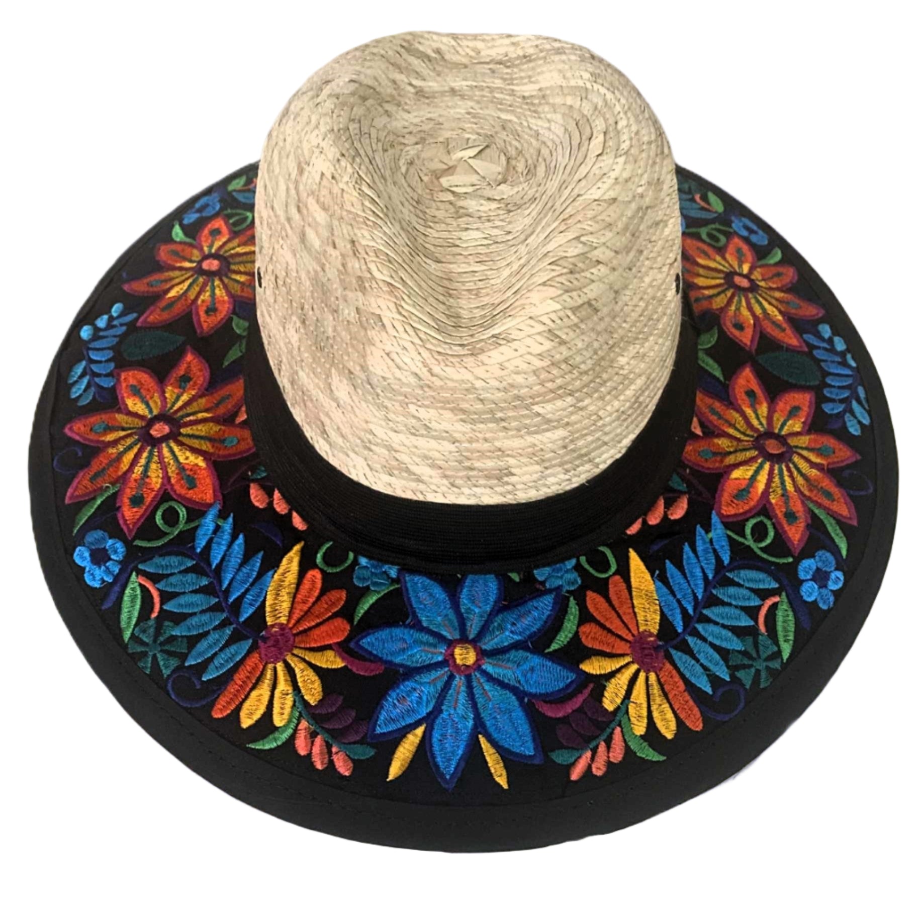Straw hat with a colorful floral embroidery band on a white background