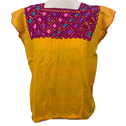 Mexican Embroidered Huipil Maya Top Organic Cotton Manta Mustard & Pink- One Size XS to M