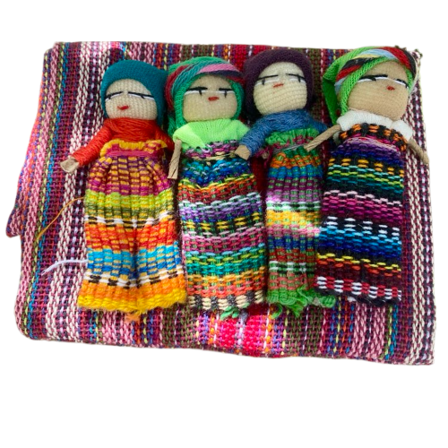 Four Large Worry Dolls in a Textile Pouch
