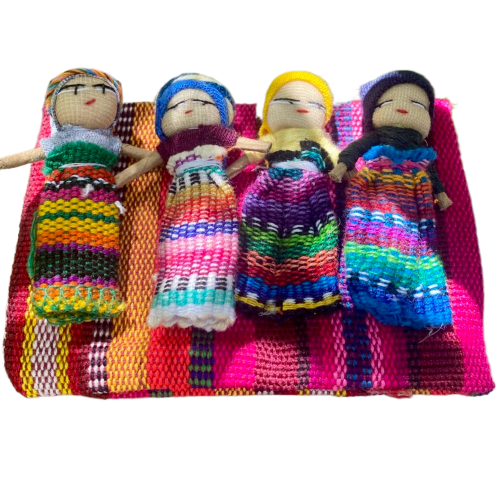Four Large Worry Dolls in a Textile Pouch