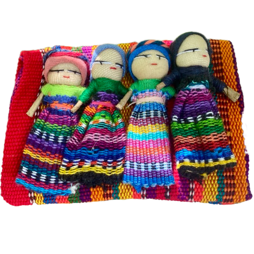Four Large Worry Dolls in a Textile Pouch