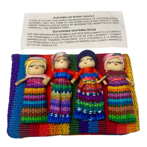 Four Large Worry Dolls in a Textile Pouch