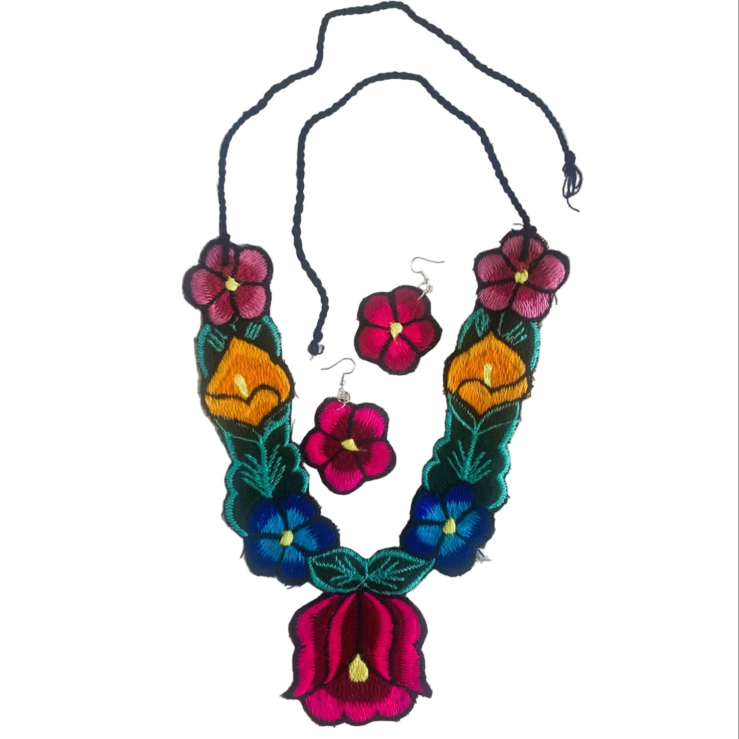 Colorful floral necklace and earrings on a white background