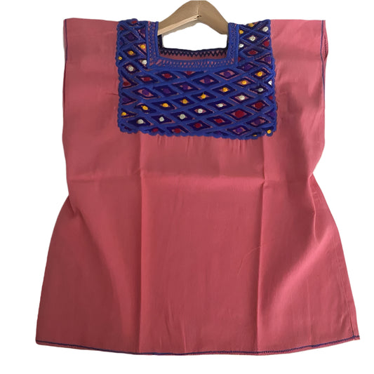 Mexican Embroidered Huipil Maya Top Organic Cotton Manta Pink & Blue- One Size XS to M