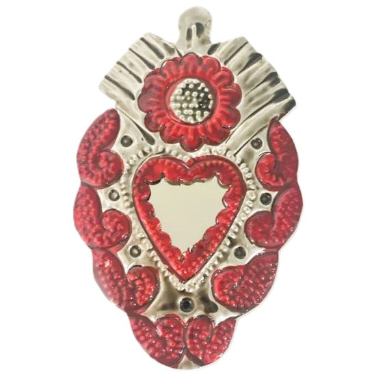 Mexican Tin Hearts - Heart with Mirror SunFlower Red & Silver