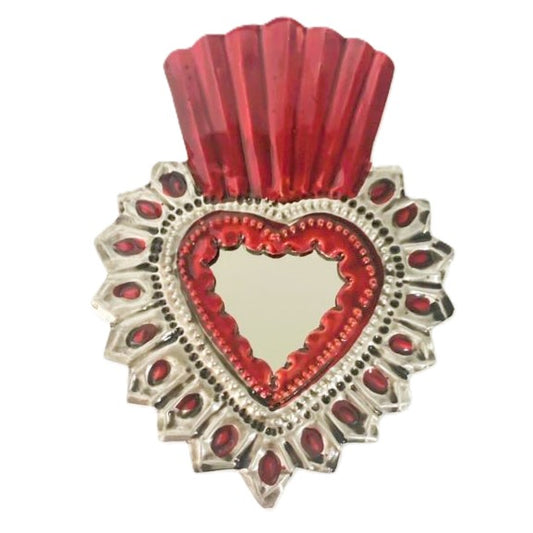 Mexican Tin Hearts - Heart with Mirror and Topper Red & Silver