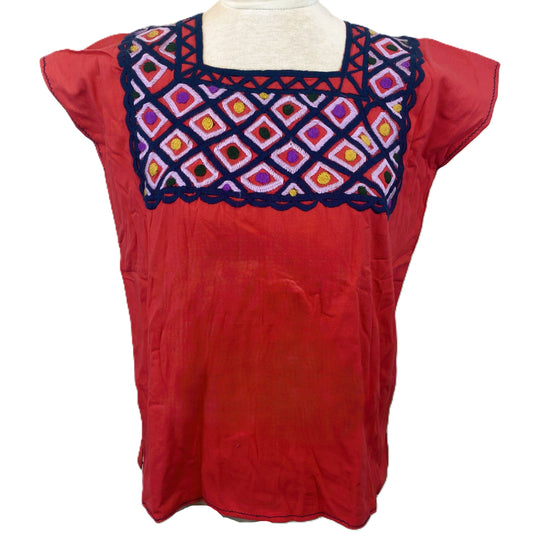 Mexican Embroidered Huipil Maya Top Organic Cotton Manta Salmon & Blue- One Size XS to M