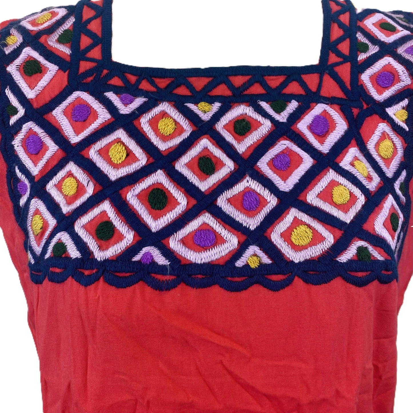 Mexican Embroidered Huipil Maya Top Organic Cotton Manta Salmon & Blue- One Size XS to M