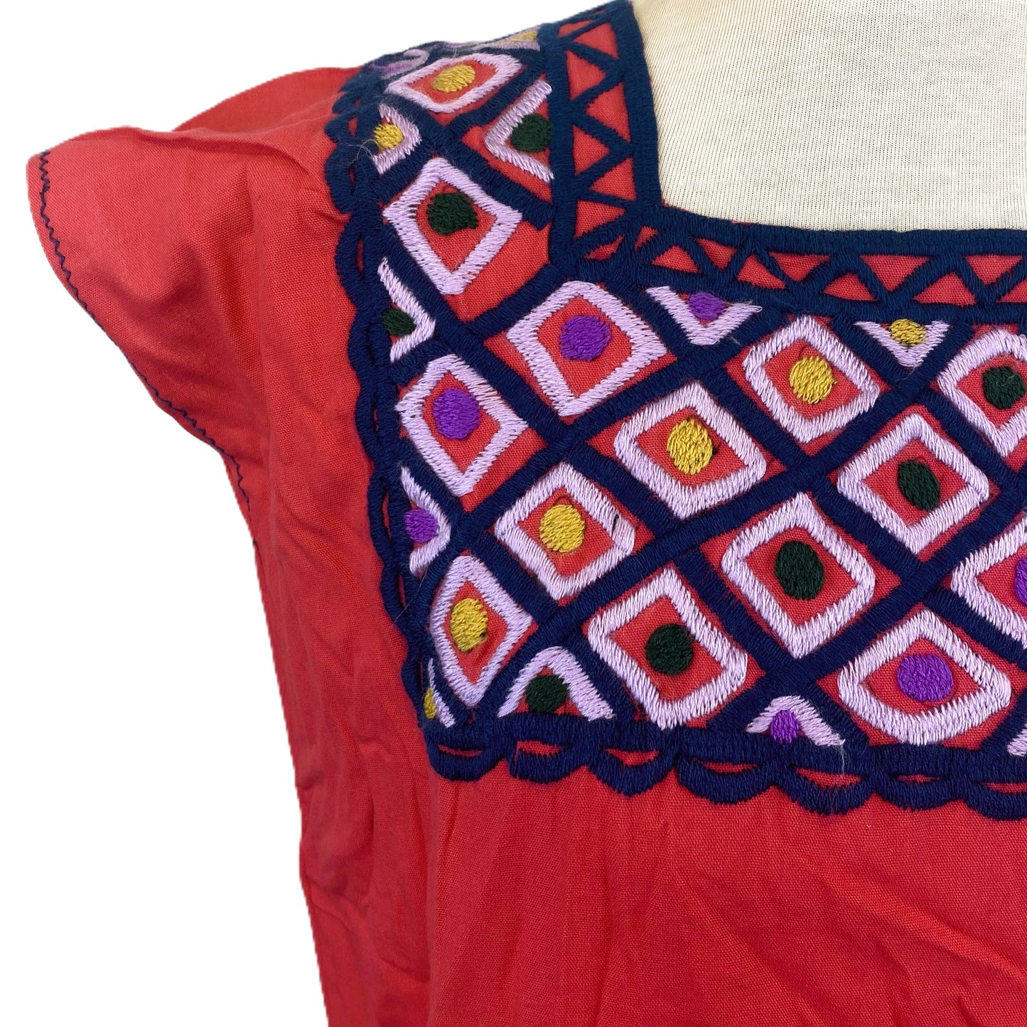 Mexican Embroidered Huipil Maya Top Organic Cotton Manta Salmon & Blue- One Size XS to M