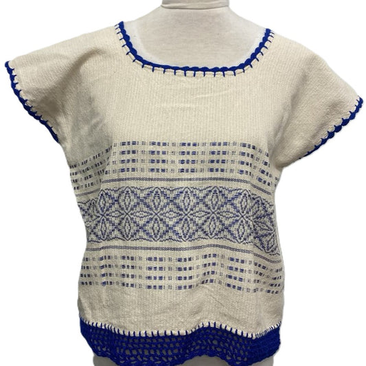 Traditional Treadle Loom Huipil Top - Made in Oaxaca - Blue- Size Small