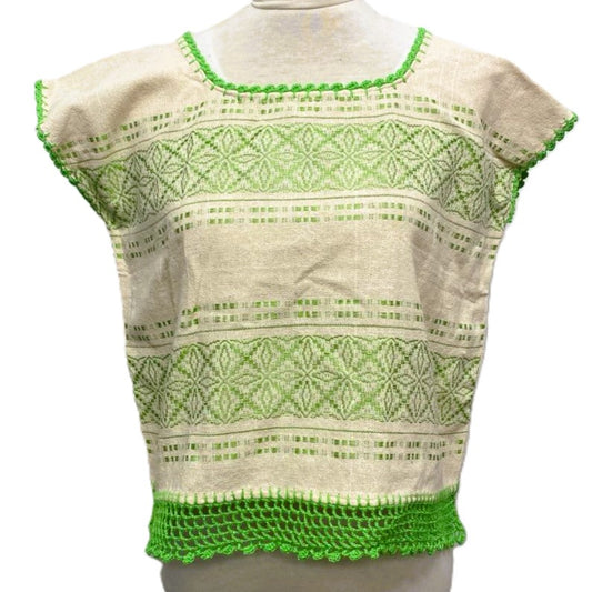Traditional Treadle Loom Huipil Top - Made in Oaxaca - Lime - Size Small
