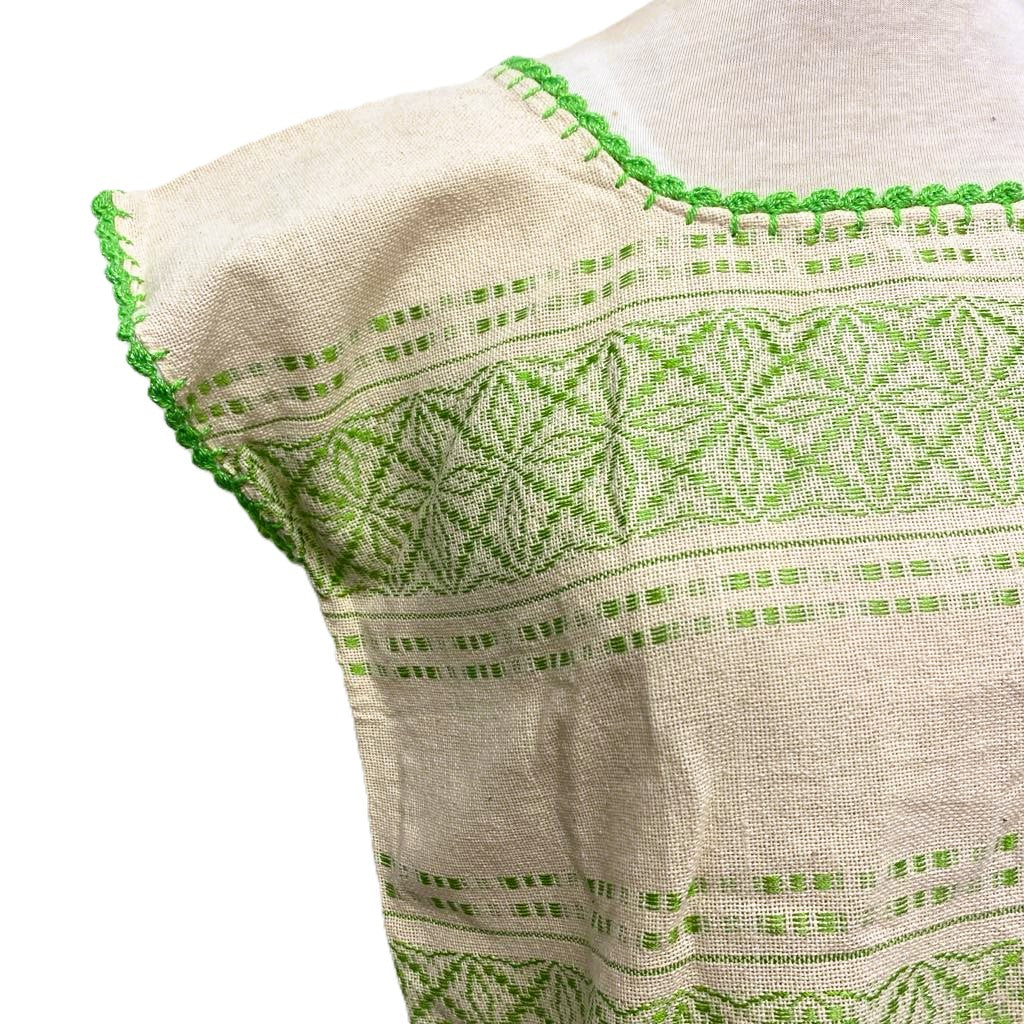Traditional Treadle Loom Huipil Top - Made in Oaxaca - Lime - Size Small
