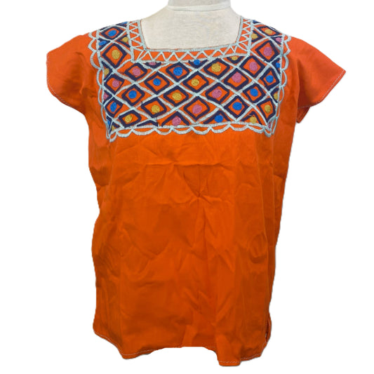 Mexican Embroidered Huipil Maya Top Organic Cotton Manta Tangerine - One Size XS to M