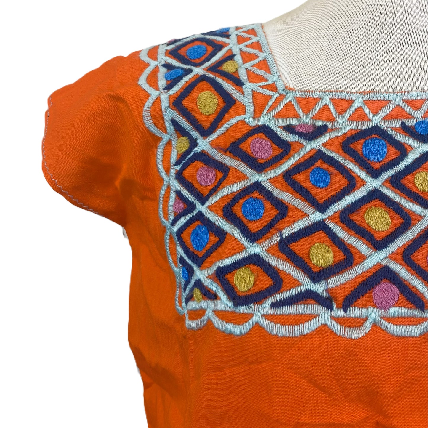 Mexican Embroidered Huipil Maya Top Organic Cotton Manta Tangerine - One Size XS to M