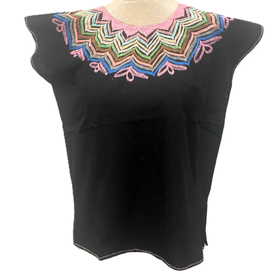 Mexican Embroidered Huipil Maya Top Organic Cotton Manta Black Chamula Design - One Size XS to M