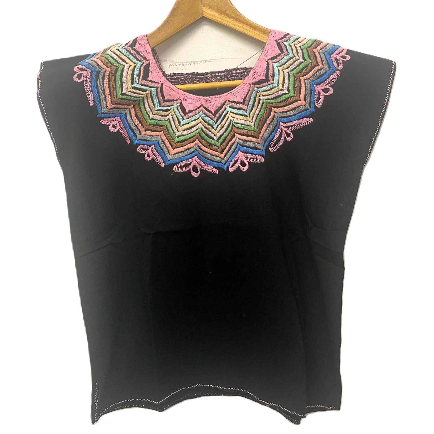 Mexican Embroidered Huipil Maya Top Organic Cotton Manta Black Chamula Design - One Size XS to M