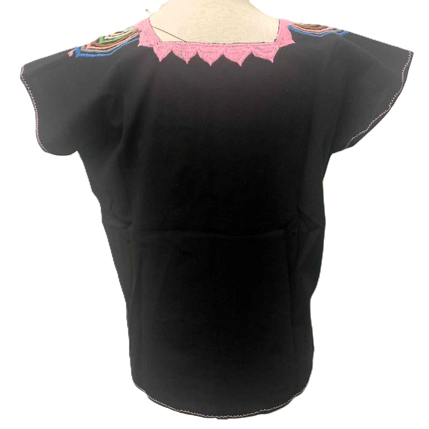 Mexican Embroidered Huipil Maya Top Organic Cotton Manta Black Chamula Design - One Size XS to M